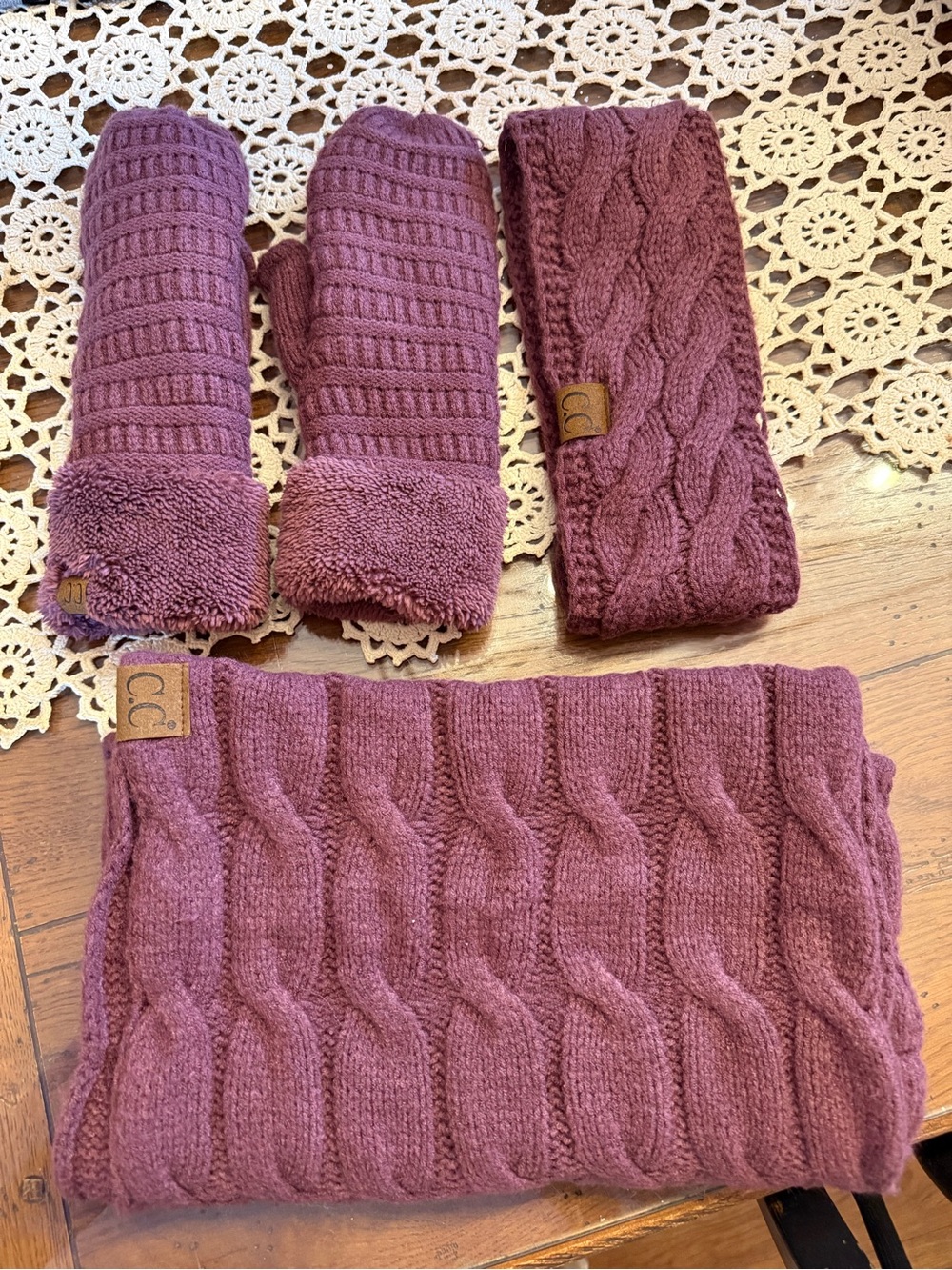 CC Cable Knit Scarf, Headband & Mittens Set - Dusty Rose